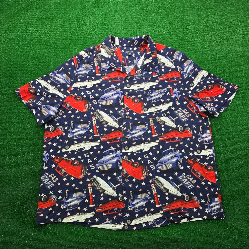 George Shirt Mens 3XL Blue Classic Cars Gas Cafe Americana Print Rayon Button Up